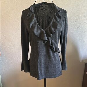 Elegant Gray Ruffle V-Neck Sweater Top